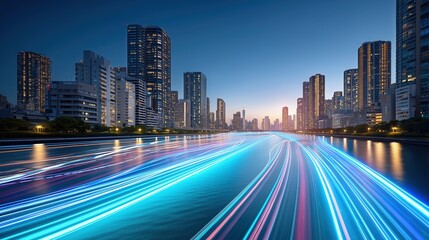 Obraz premium Aerial view of futuristic Tokyo cityscape with blue sky and sun rays, showcasing digital technology innovations and realistic daylight perspective featuring motion-blurred cars on bridge over river.