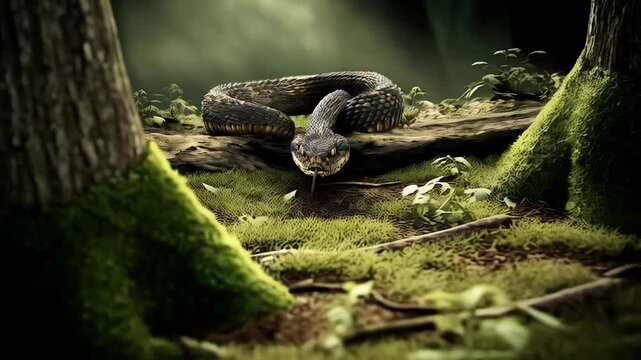 Discover the beauty and danger of a striking serpent in a lush, dark forest environment