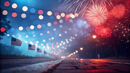 Fireworks explode over an american street adorned with flags, celebrating the fourth of july.