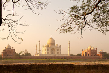 Taj Mahal scenic sunset view with moody sky. A UNESCO World heritage site at Agra, India - 22 March 2019