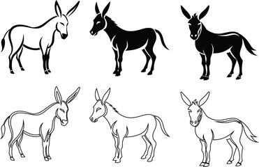 Minimal donkey flat and outline vector icon set illustration with smooth lines. Perfect for animal icons, infographics, and rural branding.