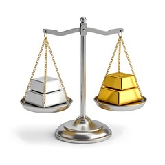 A silver balance shows two silver bars on one side, while two golden bars sit on the other, illustrating the idea of balance, value, and financial concept.