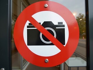 Extreme close-up of a “No Photography” sign with a camera icon and a crossed-out lens