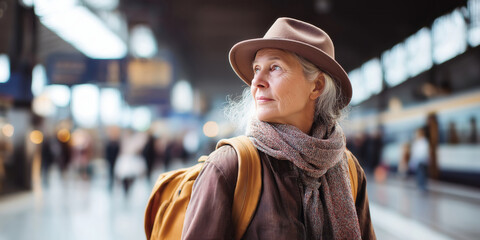 Senior woman wearing sunhat at the train station ready to go travelling. Retired woman waiting for a train on railway station. Active hobbies and leisure for older people.