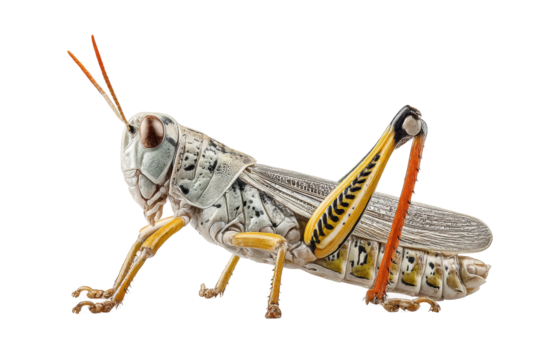 PNG Detailed close-up of a grasshopper with extended legs against black background