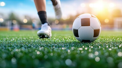 A soccer player is about to kick a ball on a sunny, green field with blurred background lights.