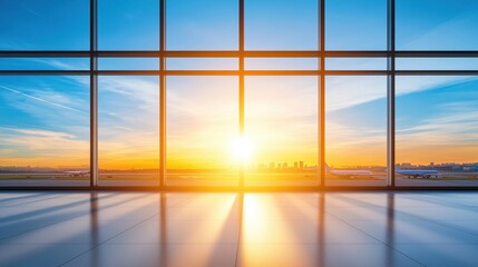 Sunrise view from a modern airport terminal window, overlooking airplanes and a distant city skyline.