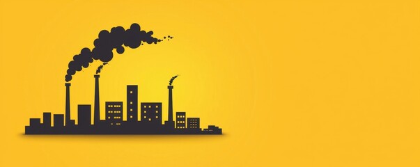 Silhouette of factories emitting smoke against a yellow background, symbolizing industrial pollution.
