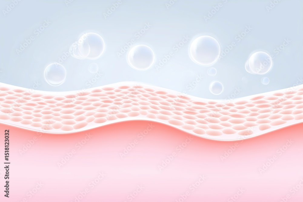 Poster abstract illustration of soft pink waves with a textured surface, bubbles floating above, creating a