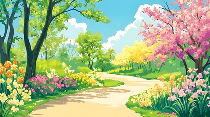 Colorful springtime path through a blossoming garden.