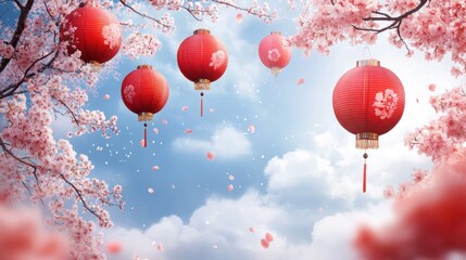 Red lanterns hang amongst cherry blossoms, a serene spring scene
