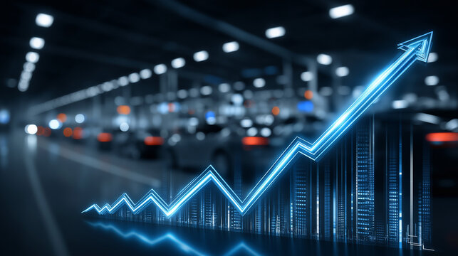Automotive Industry Growth: An illuminated arrow ascends, indicating positive trends within a factory setting. A visual representation of success in the automotive industry.