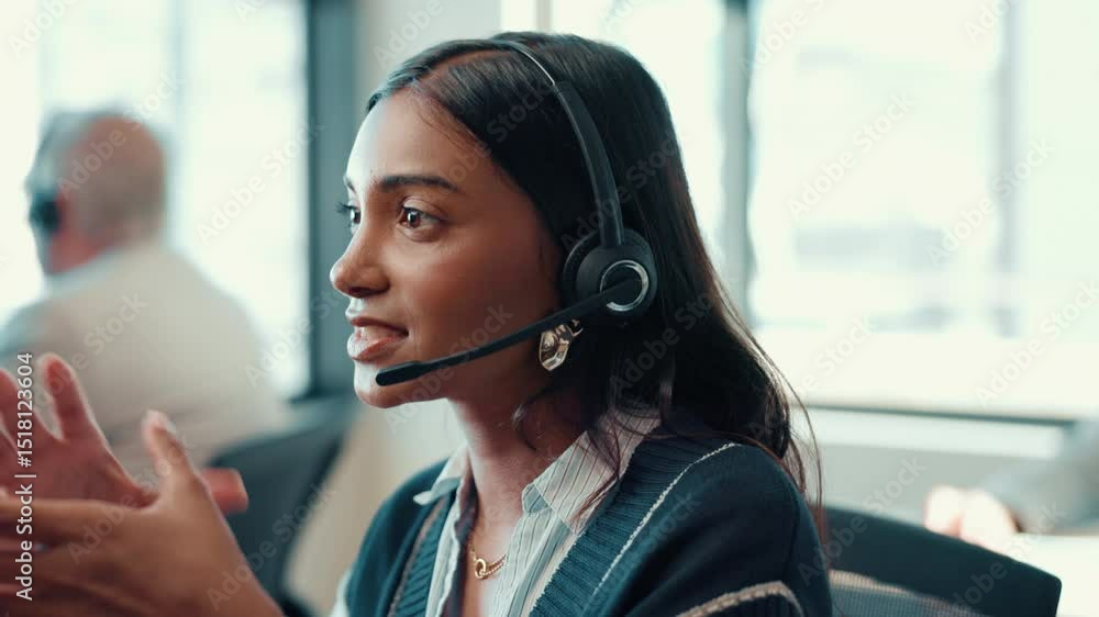 Poster Help desk, talk and woman in call center for technical support, problem solving or crm. Customer service, virtual assistance or agent speaking with headset for it advice, troubleshooting or coworking
