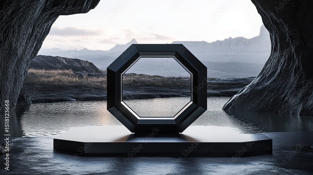 Fototapete a 3d abstract hexagonal shape floating in a futuristic void.
