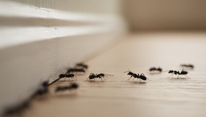Ants crawling on floor near baseboard indoors