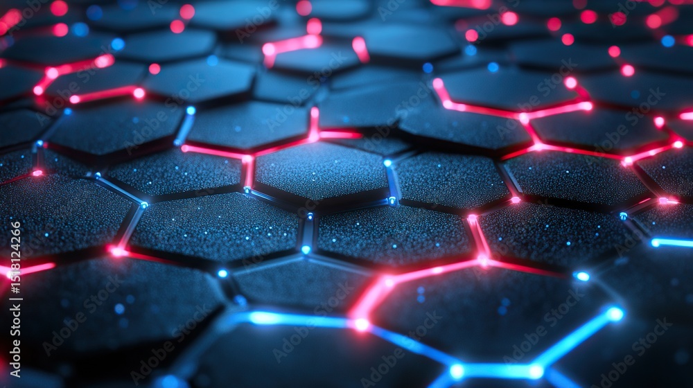 Poster a digital hexagonal circuit board with glowing blue and red pathways.