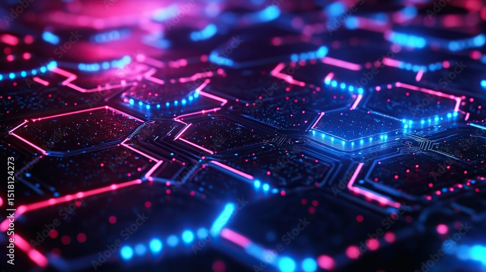 Poster a digital hexagonal circuit board with glowing blue and red pathways.