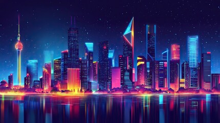 A digital futuristic city skyline with neon geometric skyscrapers.