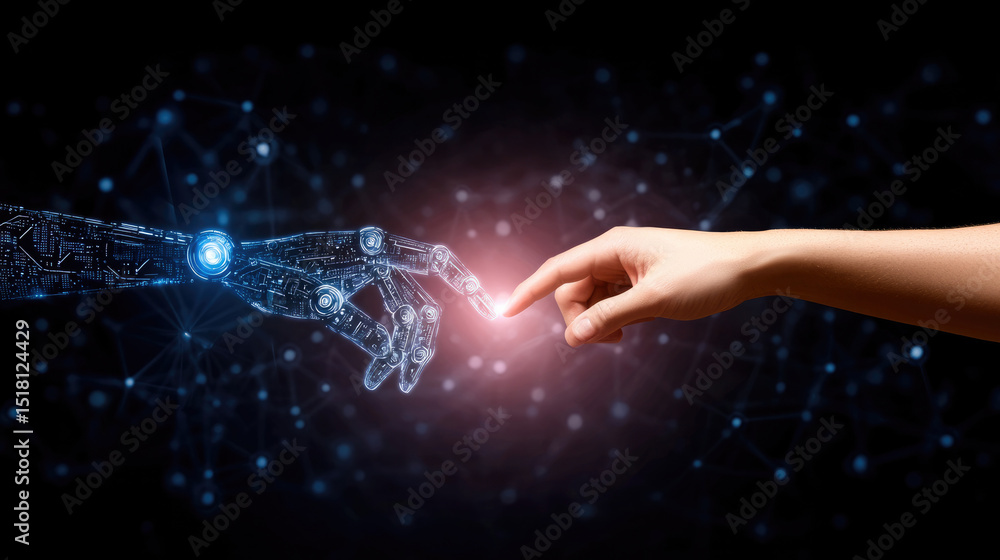 Poster human hand touching robotic hand, futuristic technology, artificial intelligence, digital connection