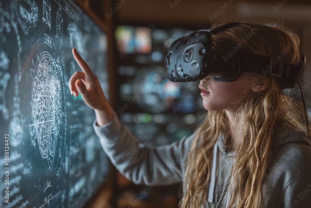 Fototapete Girl interacts with virtual reality display in modern tech environment Generative AI