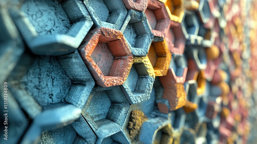 Poster a hexagonal honeycomb structure filled with different textures and colors.