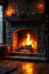Fototapeta premium A mesmerizing fireplace with vibrant flames dancing merrily, casting a warm, inviting glow on the surrounding stonework Perfect for autumn, winter, or cozy home ambiance themes , home, logs, yellow