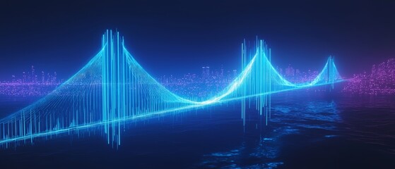 Naklejka premium Futuristic Soundwave Design with Cityscape and Vibrant Colors