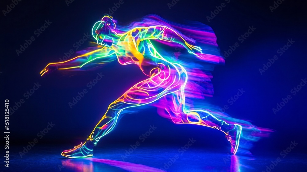 Poster a vibrant representation of a runner captured in motion, displaying bright light trails that enhance