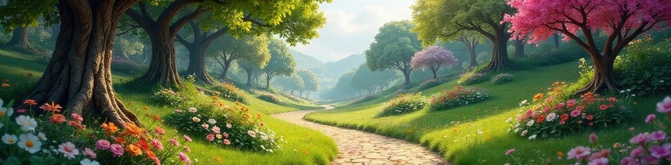 A whimsical park filled with unexpected delights, hidden pathways, and playful surprises around every corner Discover a world of wonder in this enchanting landscape , scenic, green