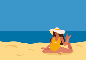 Young pregnant tanned woman in swimsuit and hat doing yoga on beach, sport and meditation by the sea in summer - vector color flat illustration for banners, cards, posters, flyers
