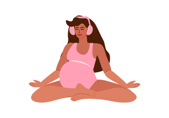 Young pregnant tanned woman in swimsuit with headphones listening to music and meditating, yoga class in summer - vector color isolated flat illustration for banners, cards, posters, flyers
