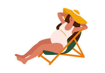 Young pregnant woman in swimsuit and straw hat in sun lounger - vector color flat illustration, isolate for banners, cards, posters, flyers