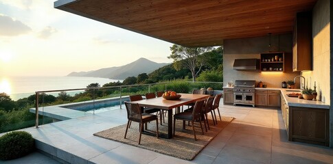 Fototapeta premium Elevated outdoor kitchen and dining area on a spacious deck, perfect for entertaining Modern design with built-in seating and stunning views , wood, view, modern