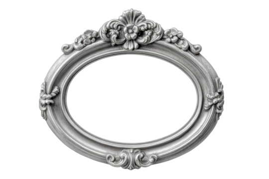 PNG Ornate silver oval frame with floral design and elegant carving