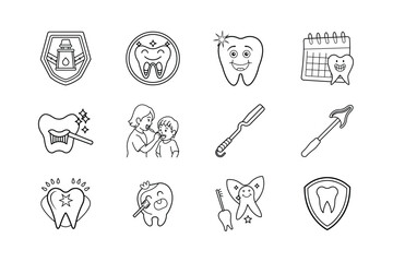Collection of hand drawn dental health icons illustrating teeth brushing and oral hygiene practices