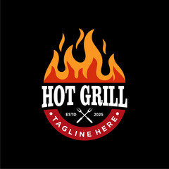 Barbecue logo design. Grilled food, fire and spatula concept template. Dark background illustration.