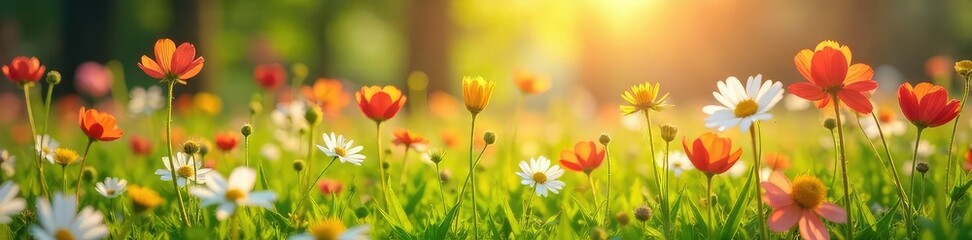 Fototapeta premium Vibrant wildflowers bursting into bloom in a lush meadow bathed in the warm glow of the springtime sun Perfect for themes of renewal, growth, and the beauty of nature's awakening , fresh, environment