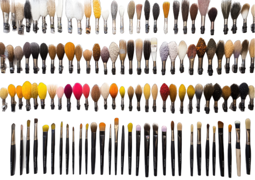 Rows of diverse makeup brushes in various colors and textures