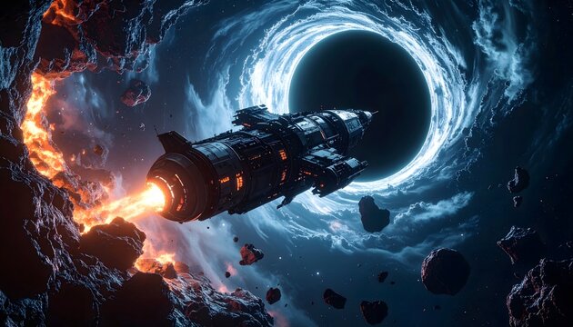 A derelict starship drifting near a black hole, long abandoned by its crew. Alien code controls its systems, sending broken distress signals into the void—silent, eerie, and full of dread.

