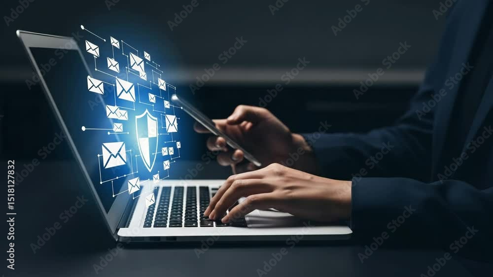 Poster person typing on laptop with email icons and shield graphic overlay for cyber security concept