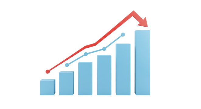 Isolated Bar Graph with Red Arrow Pointing Down