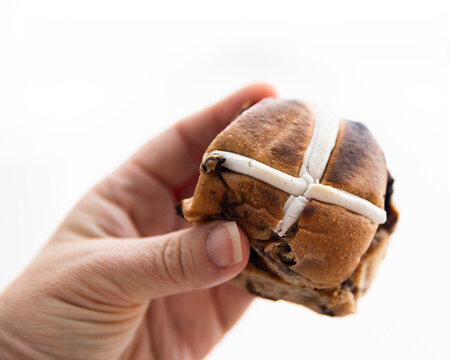 holding a toasted hot cross bun with a white background