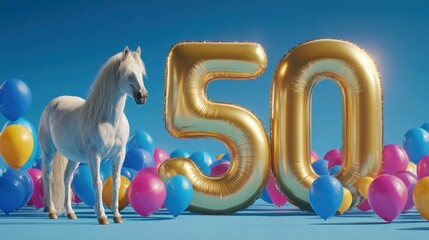 Ein weißes Pferd neben einer goldenen 50, umgeben von vielen bunten Luftballons.