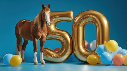 Ein Pferd neben einer goldenen 50, vor einem blauen Hintergrund.