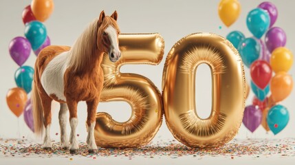 Pferd steht vor goldener 50 mit Ballons und Konfetti vor hellem Hintergrund