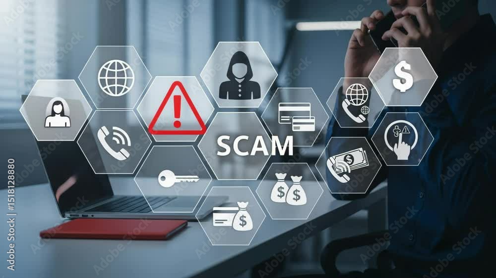 Poster man on phone near laptop with scam icons overlayed on screen representing online fraudulent activity