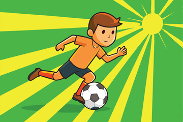 Cartoon Illustration of a Boy Playing Soccer on a Sunny Day
