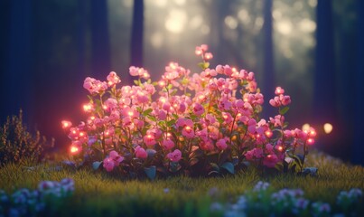 Glowing pink flowers in misty forest at dawn; fantasy, magical scene for game design