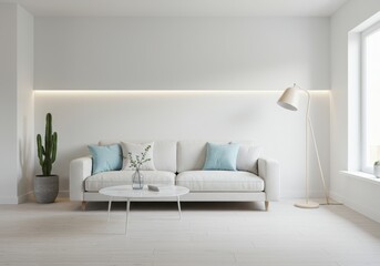 Minimalist Living Room with Blank Wall for Frame Mockup
