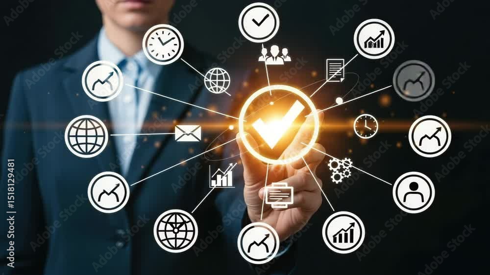 Poster a person in a suit pointing at a glowing checkmark surrounded by business related icons on black
